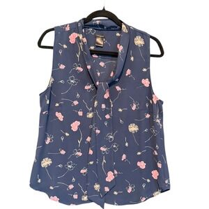 Ann Taylor Womens Navy Blue Pink Floral Tie Neck Sleeveless Blouse Size Medium